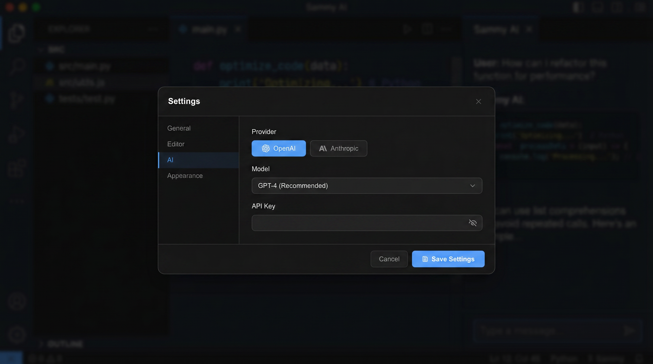 Sammy settings modal